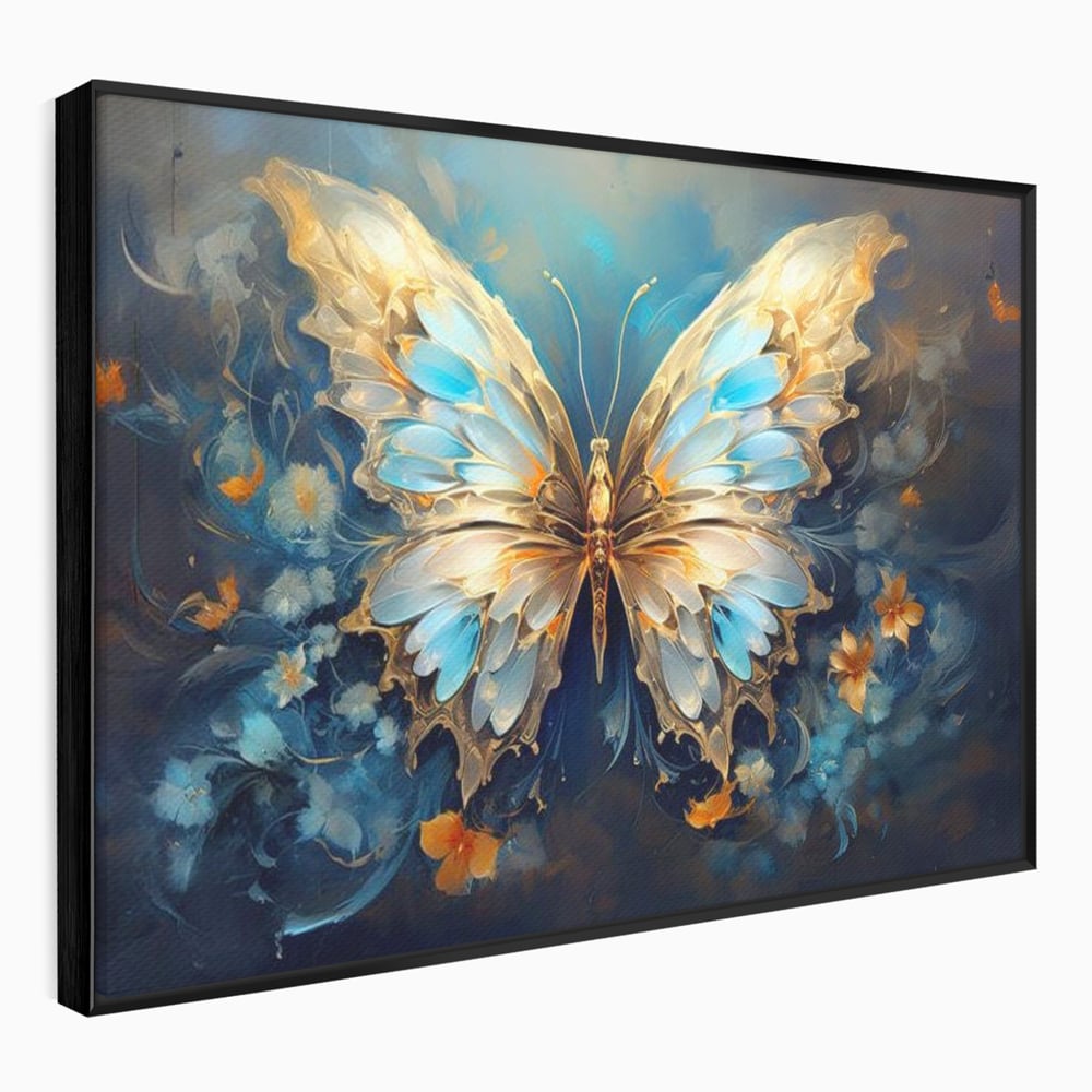 Tablou canvas cu tablou canvas cu fluture si flori, in rama de aluminiu negru